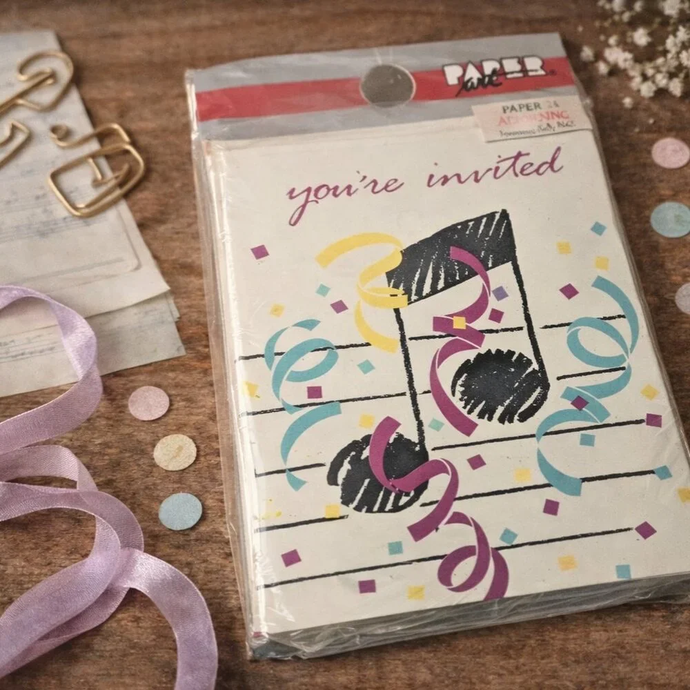 Vintage 90s Music Note Invitations Sealed Paper Art Confetti Retro Party Set
